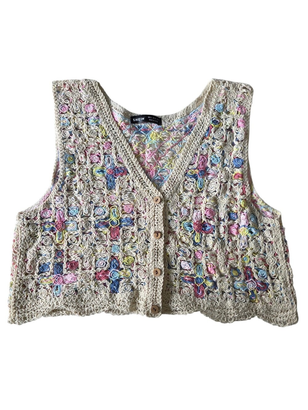 SHEIN Cream Crochet-Like Vest With Pastel Colors Size Small